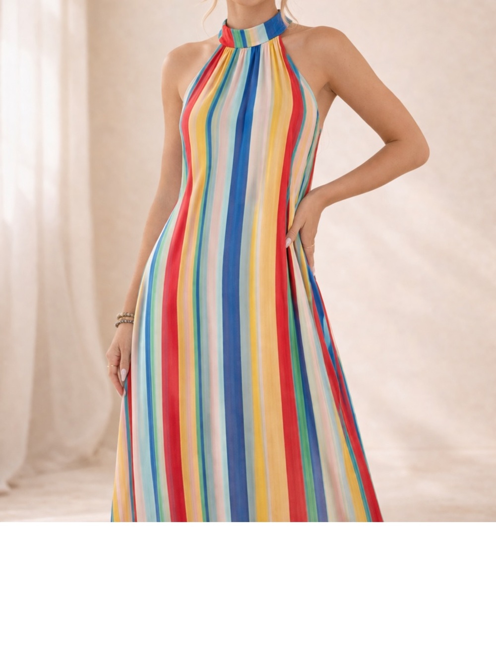 Peach Love Sleeveless Halter Rainbow Stripe Maxi Dress - Multicolor